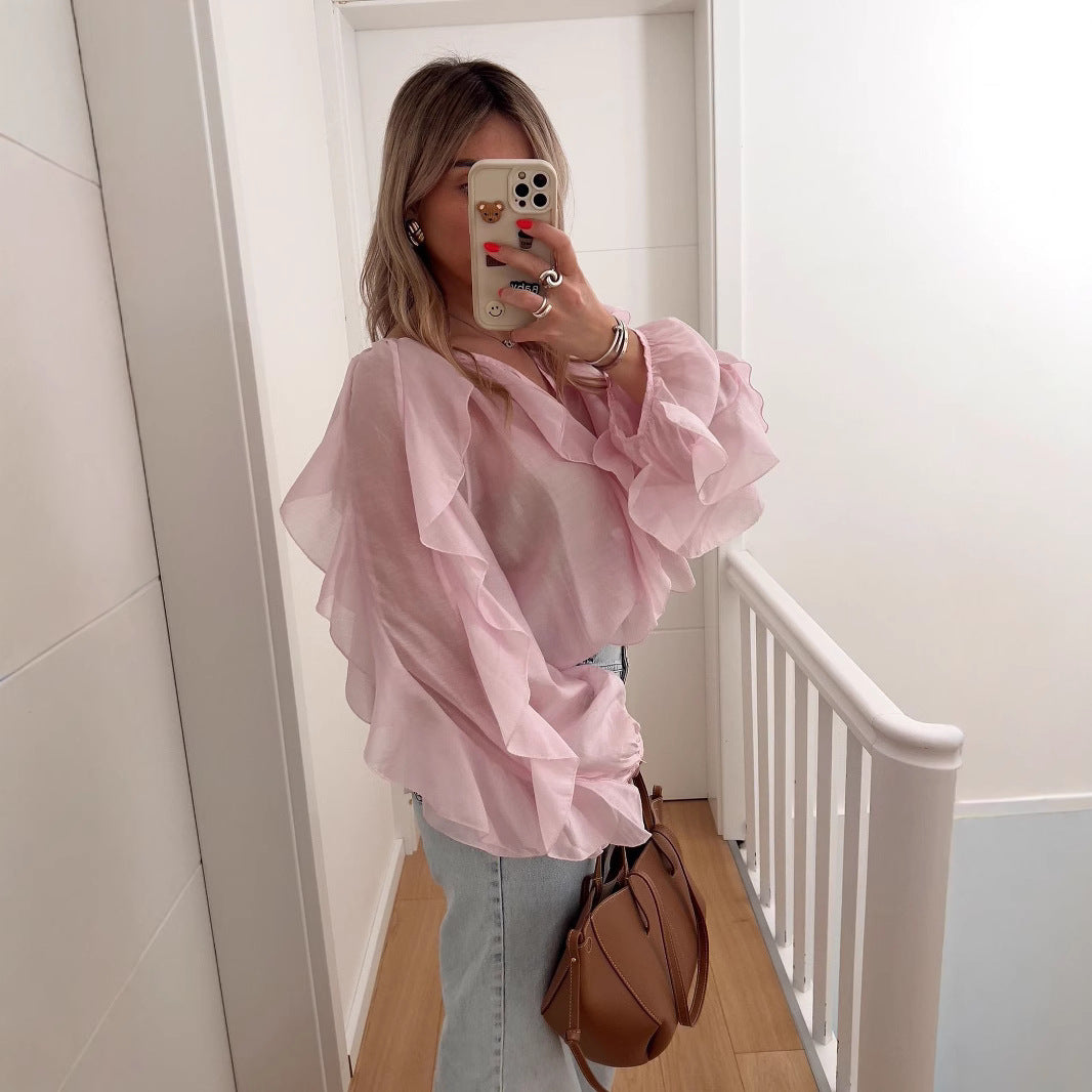 Elegant V-Neck Ruffle Long Sleeve Shirt for Women Fashion Office Wear Style