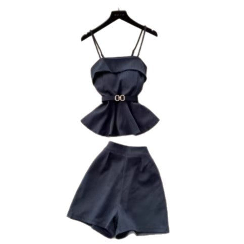 Fashion Two-Piece Set Women Summer Strap Waist-Cinching Ruffle Shorts Petite Outfit