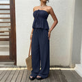 Solid color strapless ruffle vest wide leg pants set