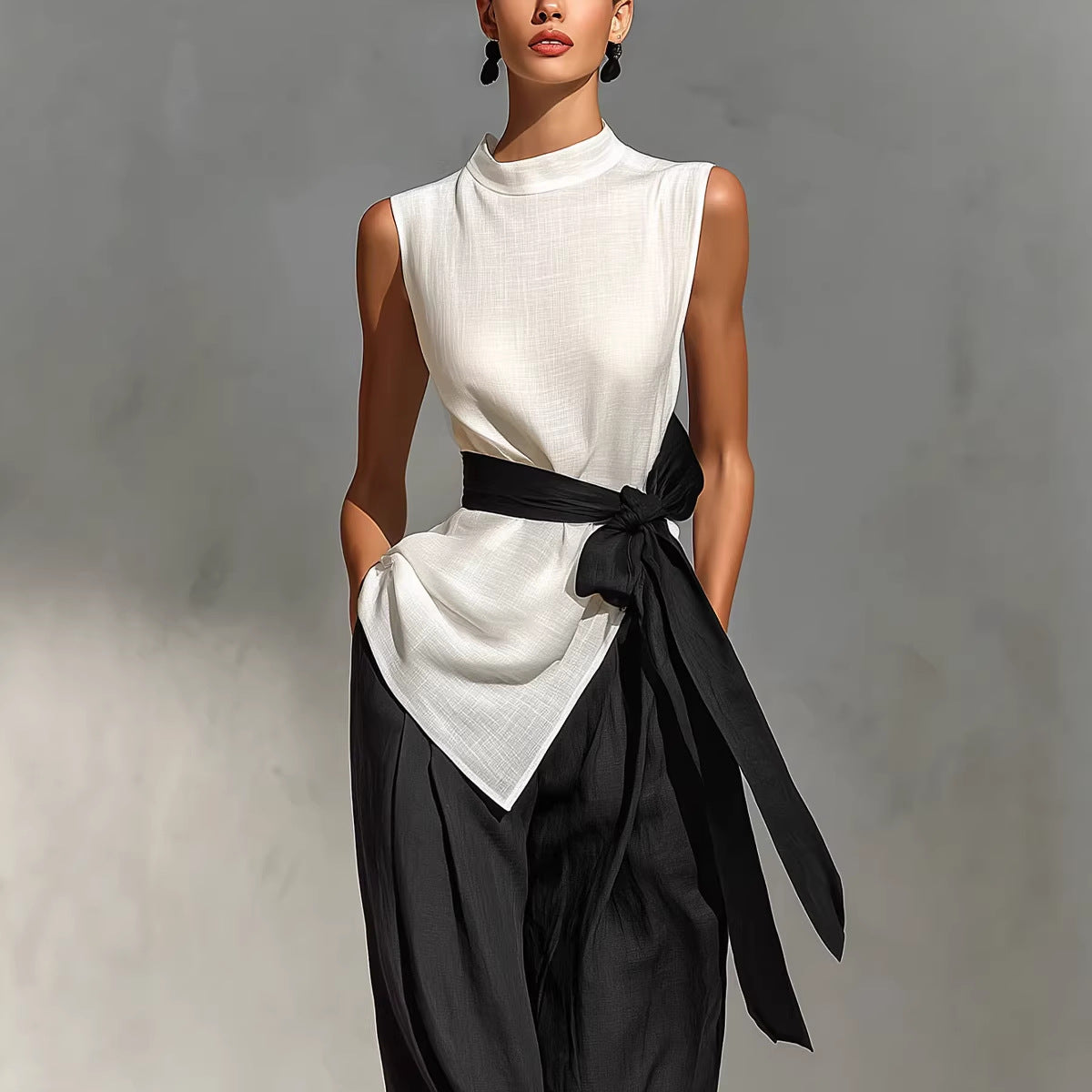 Two piece set of lace up sleeveless top and wide leg pants