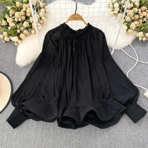 Spring Autumn O-neck Ruffles Blouses Korean Sweet Chiffon Shirts Women Sleeve Loose