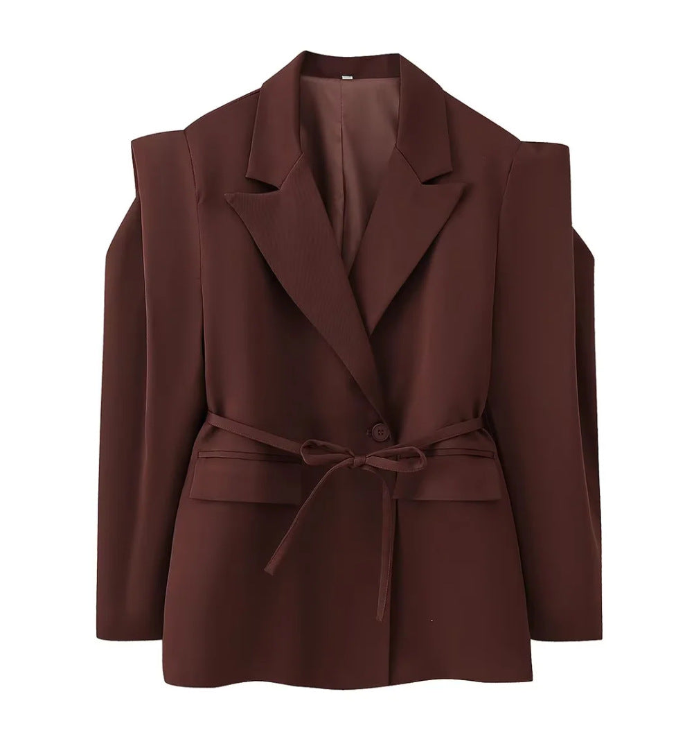 Elegant Office Wear Waist-Cinching Belted Padded Shoulder Blazer Jacket for Women
