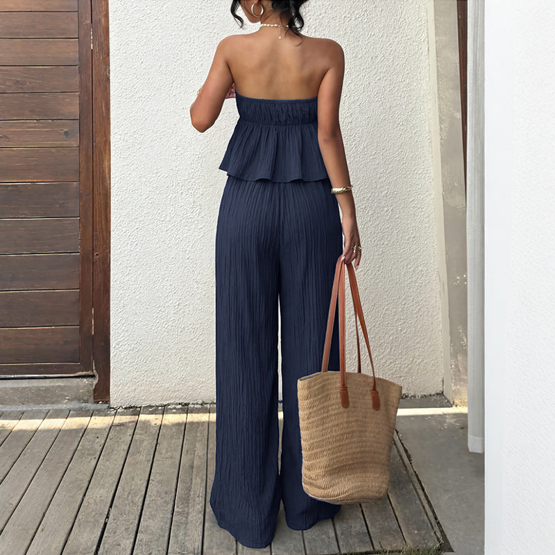 Solid color strapless ruffle vest wide leg pants set