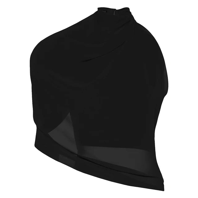 VGH Solid Sexy Asymmetrical Mesh Blouses For Women Turtleneck Sleeveless Backless Minimalist Slimming Blouse Female Fashion New