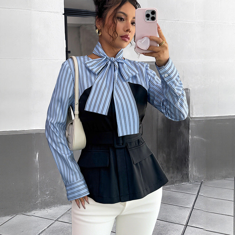 Elegant Stripe Spliced Two-Piece Look Shirt Top for Office Wear
