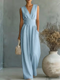 Sleeveless waist cinched V-neck women's jumpsuit