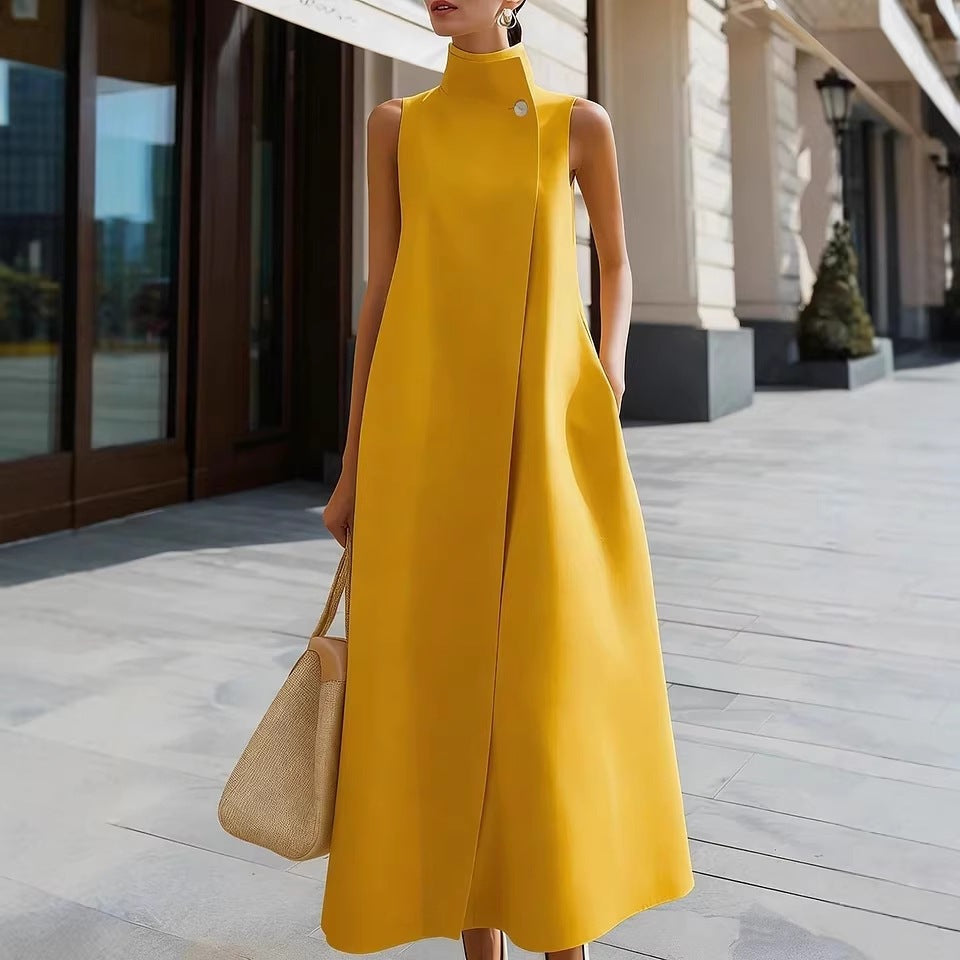 Elegant Sleeveless Long Dress with Stand Collar and Single Button Office Wear, Casual Fashion