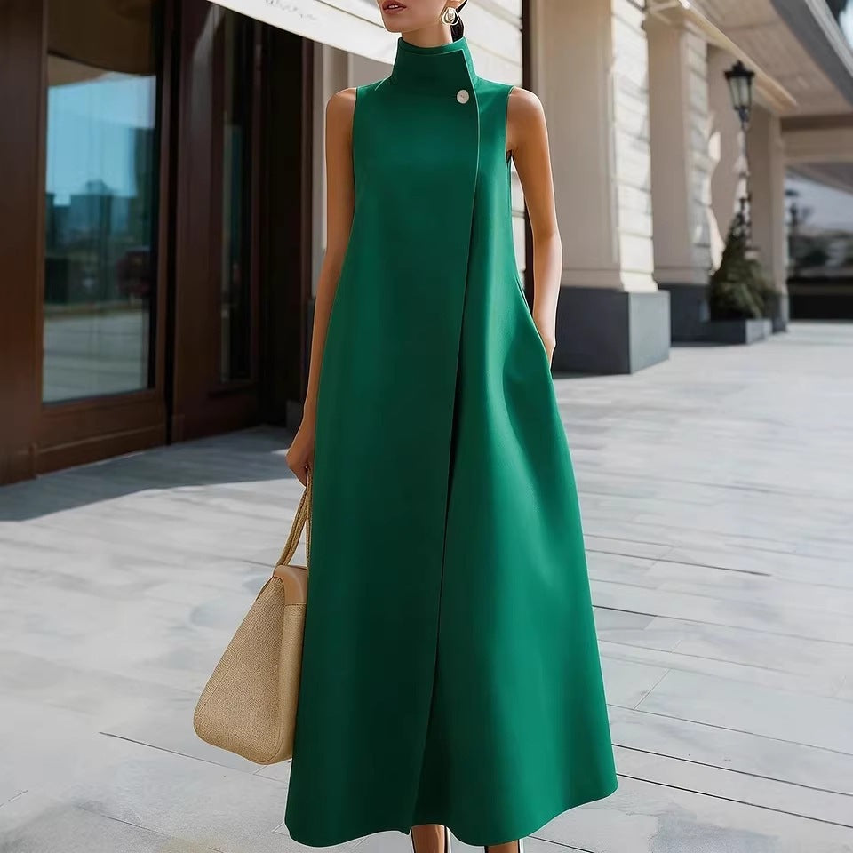 Elegant Sleeveless Long Dress with Stand Collar and Single Button Office Wear, Casual Fashion