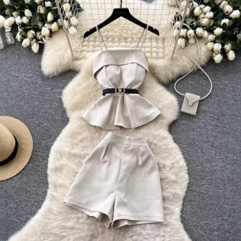 Fashion Two-Piece Set Women Summer Strap Waist-Cinching Ruffle Shorts Petite Outfit