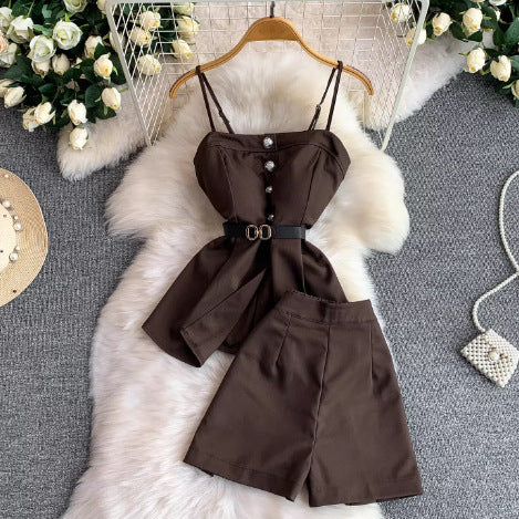 ElegantStrapless Cami with Built-in Bra + Casual High-Waisted Suit Pants Two-Piece Set