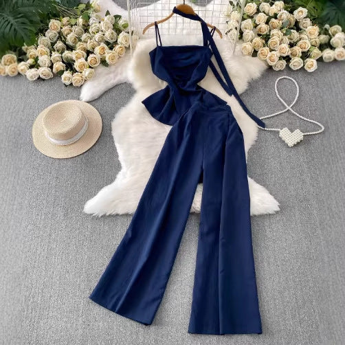 Chic Elegant Strapless Top with Pleated Slit Design  High-Waisted Wide-Leg Pants Two-Piece Set