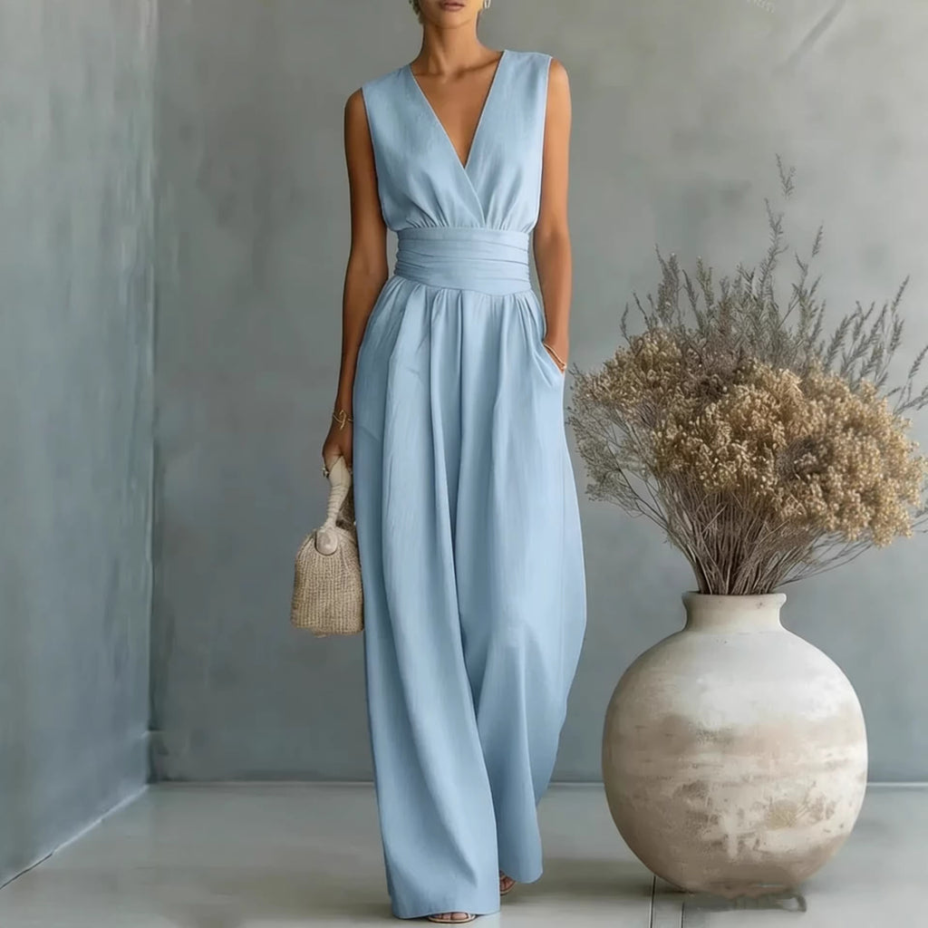 Sleeveless waist cinched V-neck women's jumpsuit