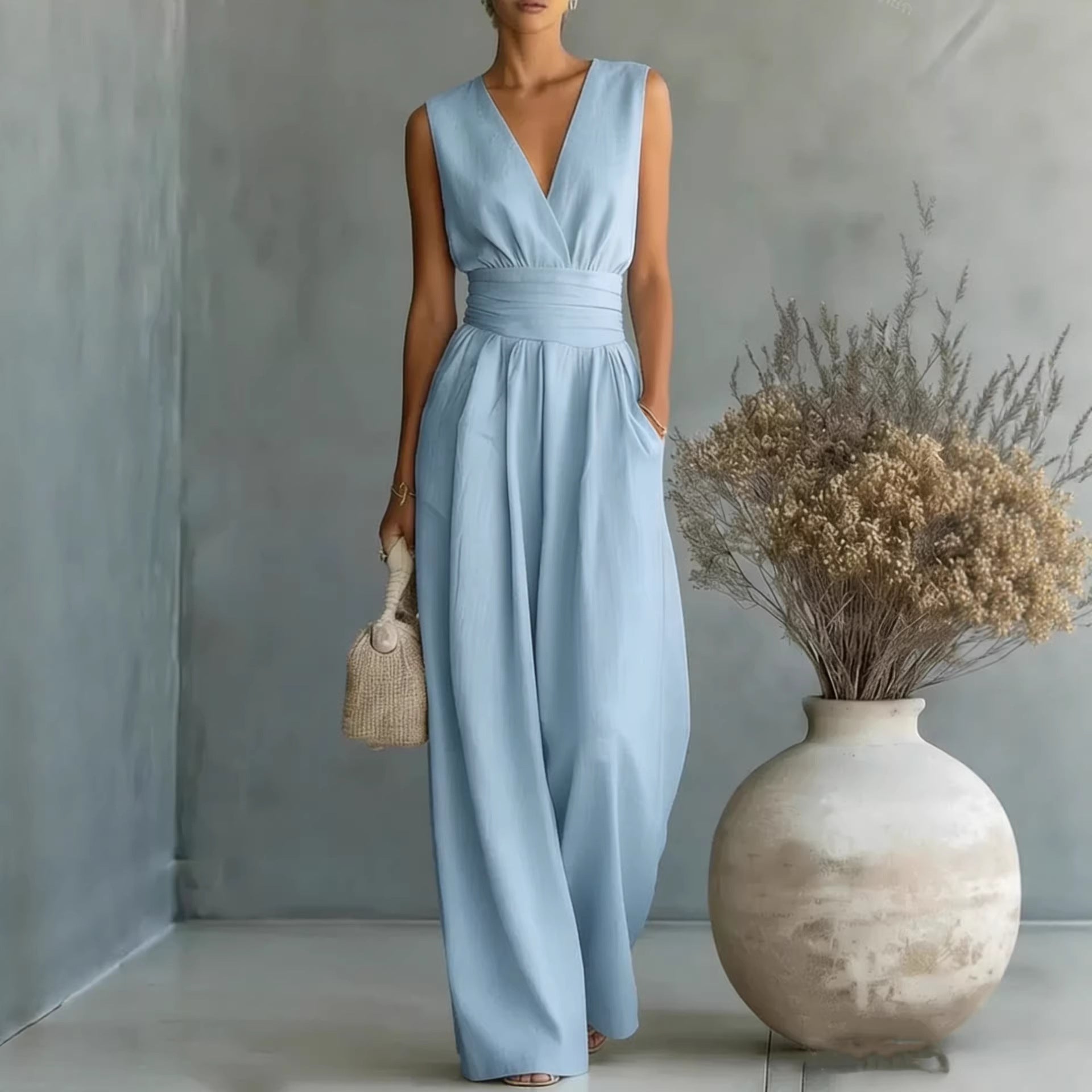Sleeveless waist cinched V-neck women's jumpsuit