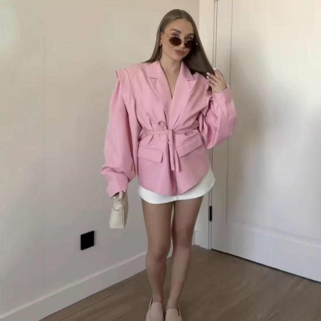 Elegant Office Wear Waist-Cinching Belted Padded Shoulder Blazer Jacket for Women