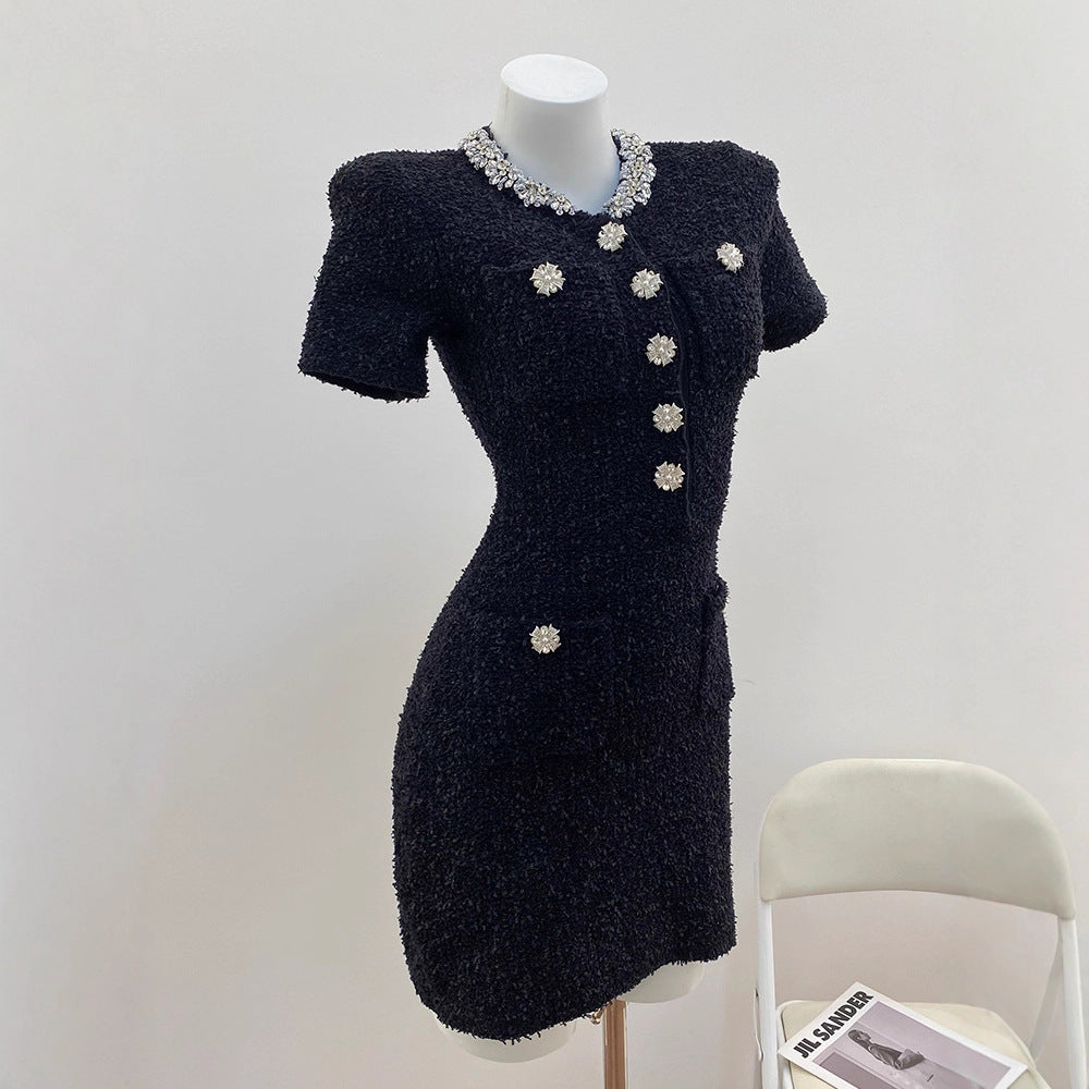 Classic Black and White Chic Knit Dress with Embellished Beading Office Wear StyleCrew Neck, Women's Fashion Dress