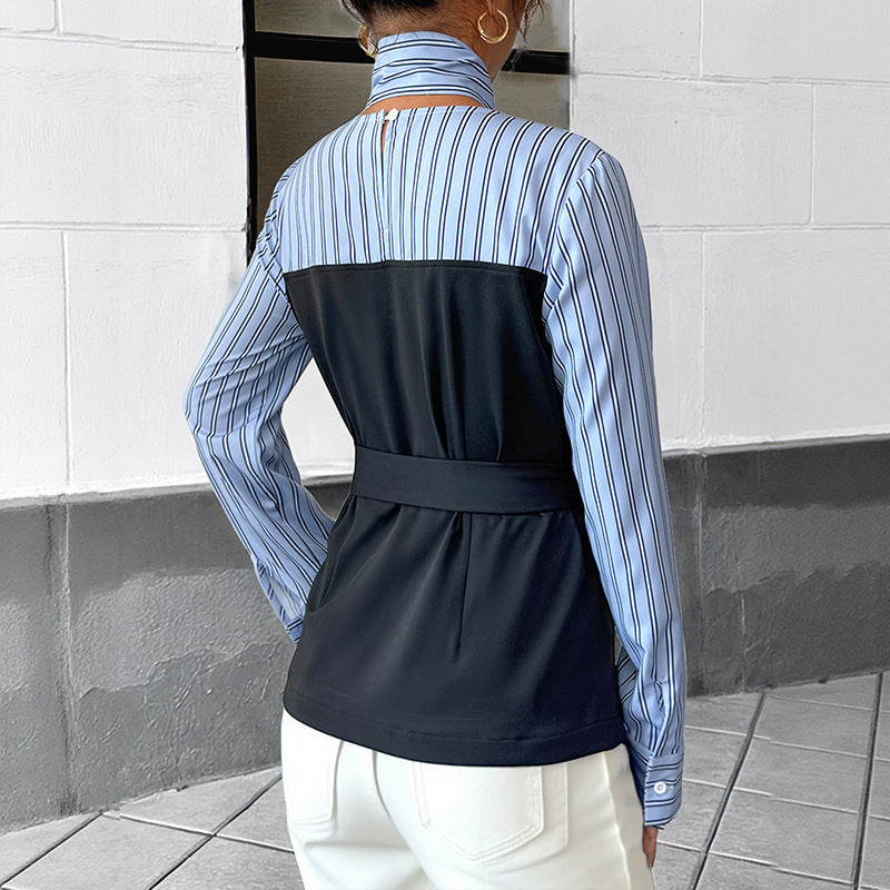 Elegant Stripe Spliced Two-Piece Look Shirt Top for Office Wear