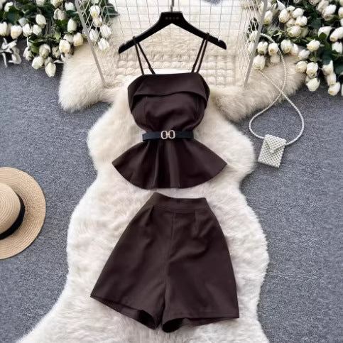 Fashion Two-Piece Set Women Summer Strap Waist-Cinching Ruffle Shorts Petite Outfit