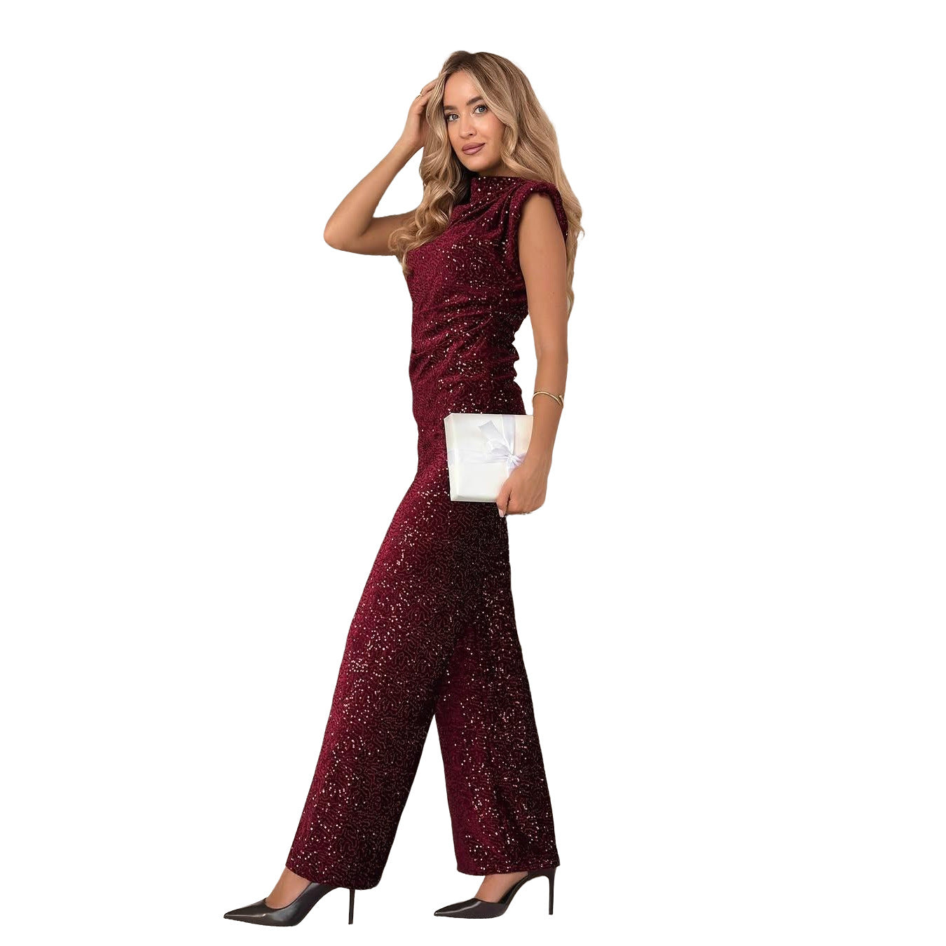 Half high collar fly sleeve irregular top paired with loose pants set