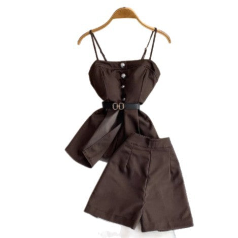 ElegantStrapless Cami with Built-in Bra + Casual High-Waisted Suit Pants Two-Piece Set