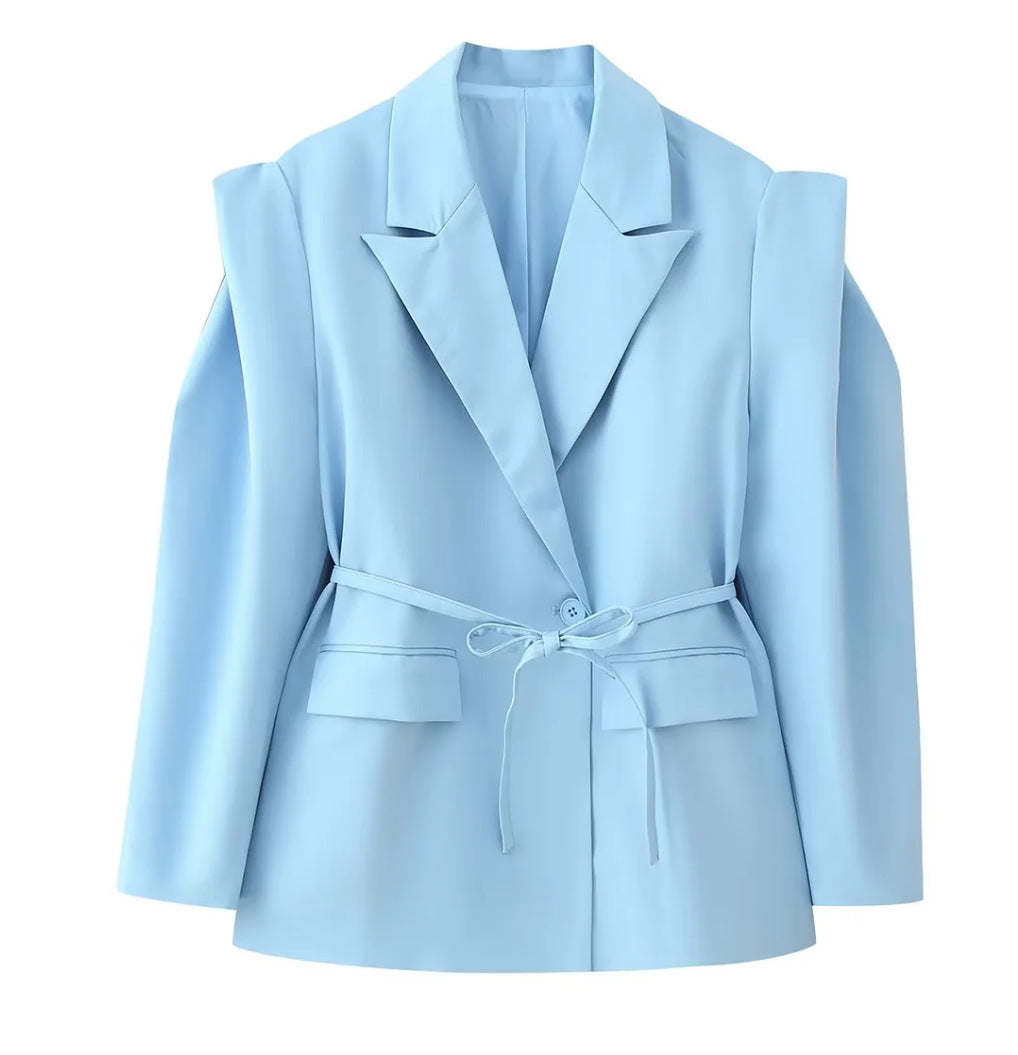 Elegant Office Wear Waist-Cinching Belted Padded Shoulder Blazer Jacket for Women