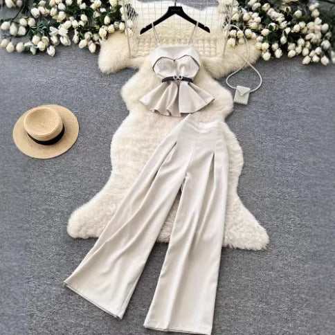 Minimalist Commute Set for Women, High-End Strapless Fitted Vest with High-Waisted Wide-Leg Pants Two-Piece Outfit