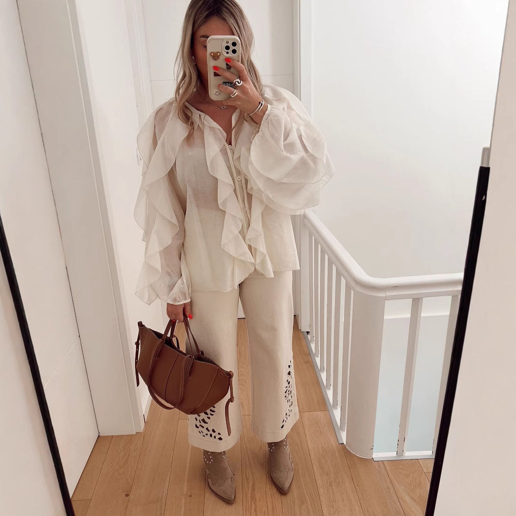 Elegant V-Neck Ruffle Long Sleeve Shirt for Women Fashion Office Wear Style