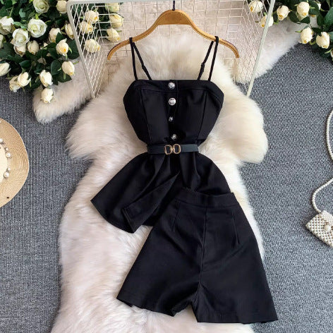 ElegantStrapless Cami with Built-in Bra + Casual High-Waisted Suit Pants Two-Piece Set