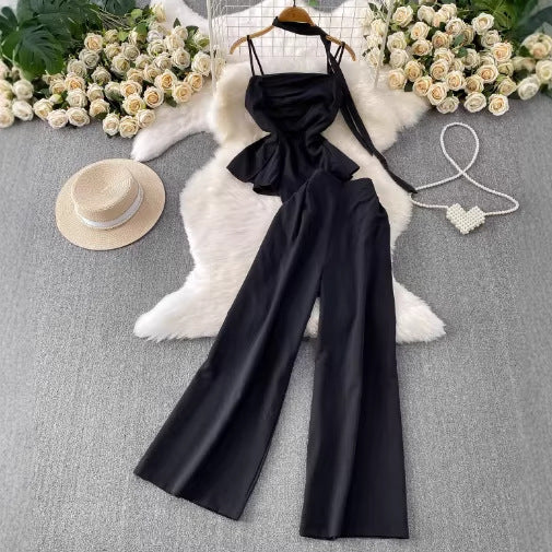 Chic Elegant Strapless Top with Pleated Slit Design  High-Waisted Wide-Leg Pants Two-Piece Set
