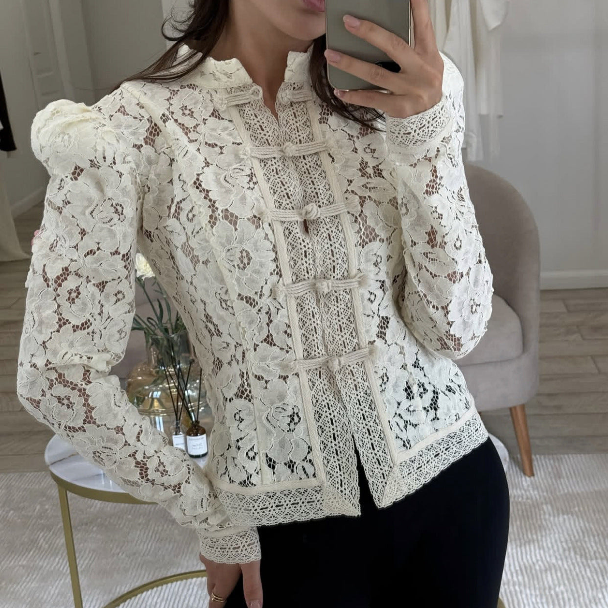 Chic Office Wear Lace Crochet Stand Collar Fitted Design Shirt for Women