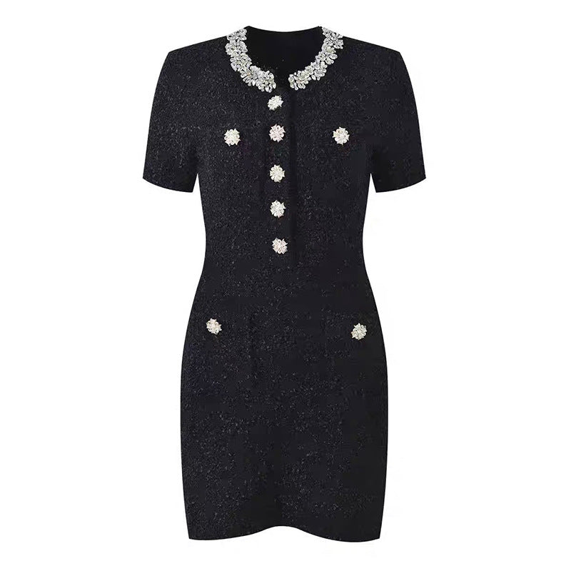 Classic Black and White Chic Knit Dress with Embellished Beading Office Wear StyleCrew Neck, Women's Fashion Dress