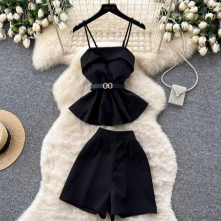 Fashion Two-Piece Set Women Summer Strap Waist-Cinching Ruffle Shorts Petite Outfit