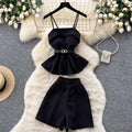 Fashion Two-Piece Set Women Summer Strap Waist-Cinching Ruffle Shorts Petite Outfit