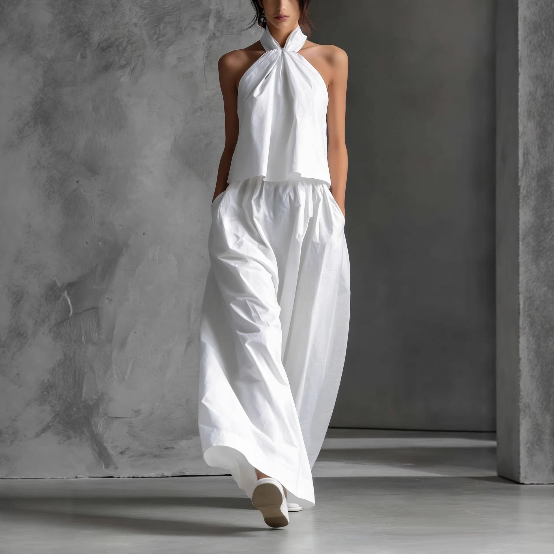 Loose Sleeveless Top High-Waisted Wide-Leg Pants Two-Piece Set for Women