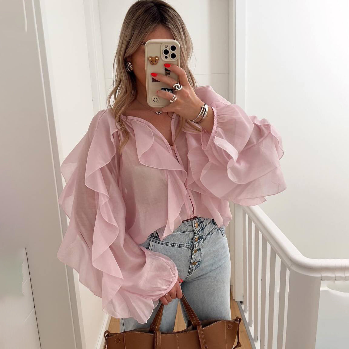 Elegant V-Neck Ruffle Long Sleeve Shirt for Women Fashion Office Wear Style