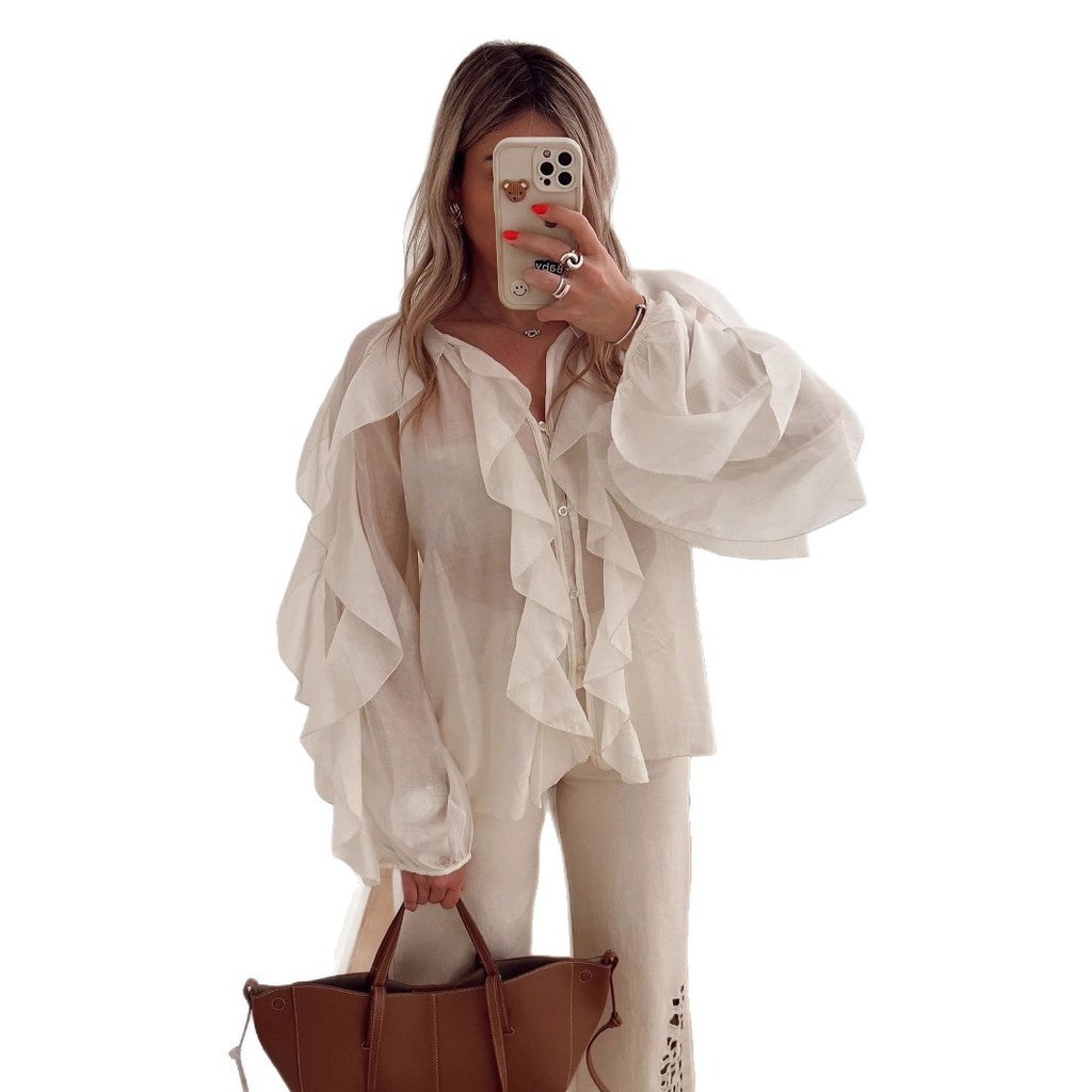 Elegant V-Neck Ruffle Long Sleeve Shirt for Women Fashion Office Wear Style