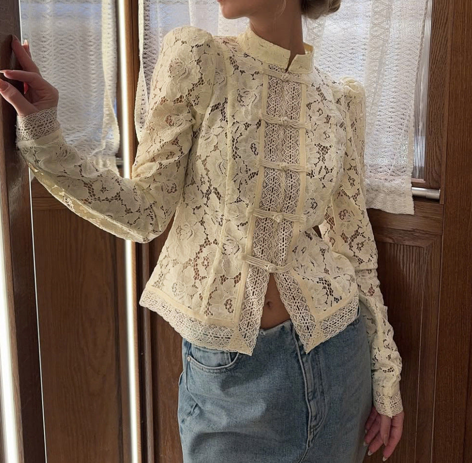 Chic Office Wear Lace Crochet Stand Collar Fitted Design Shirt for Women