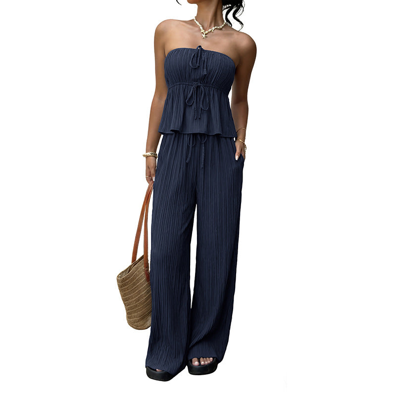 Solid color strapless ruffle vest wide leg pants set