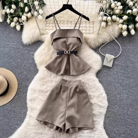 Fashion Two-Piece Set Women Summer Strap Waist-Cinching Ruffle Shorts Petite Outfit