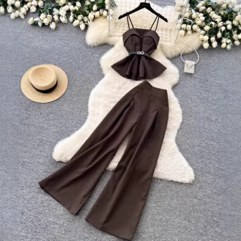 Minimalist Commute Set for Women, High-End Strapless Fitted Vest with High-Waisted Wide-Leg Pants Two-Piece Outfit