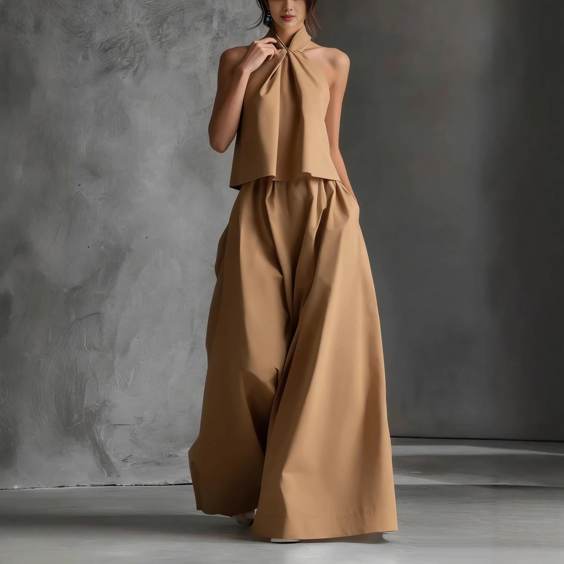 Loose Sleeveless Top High-Waisted Wide-Leg Pants Two-Piece Set for Women