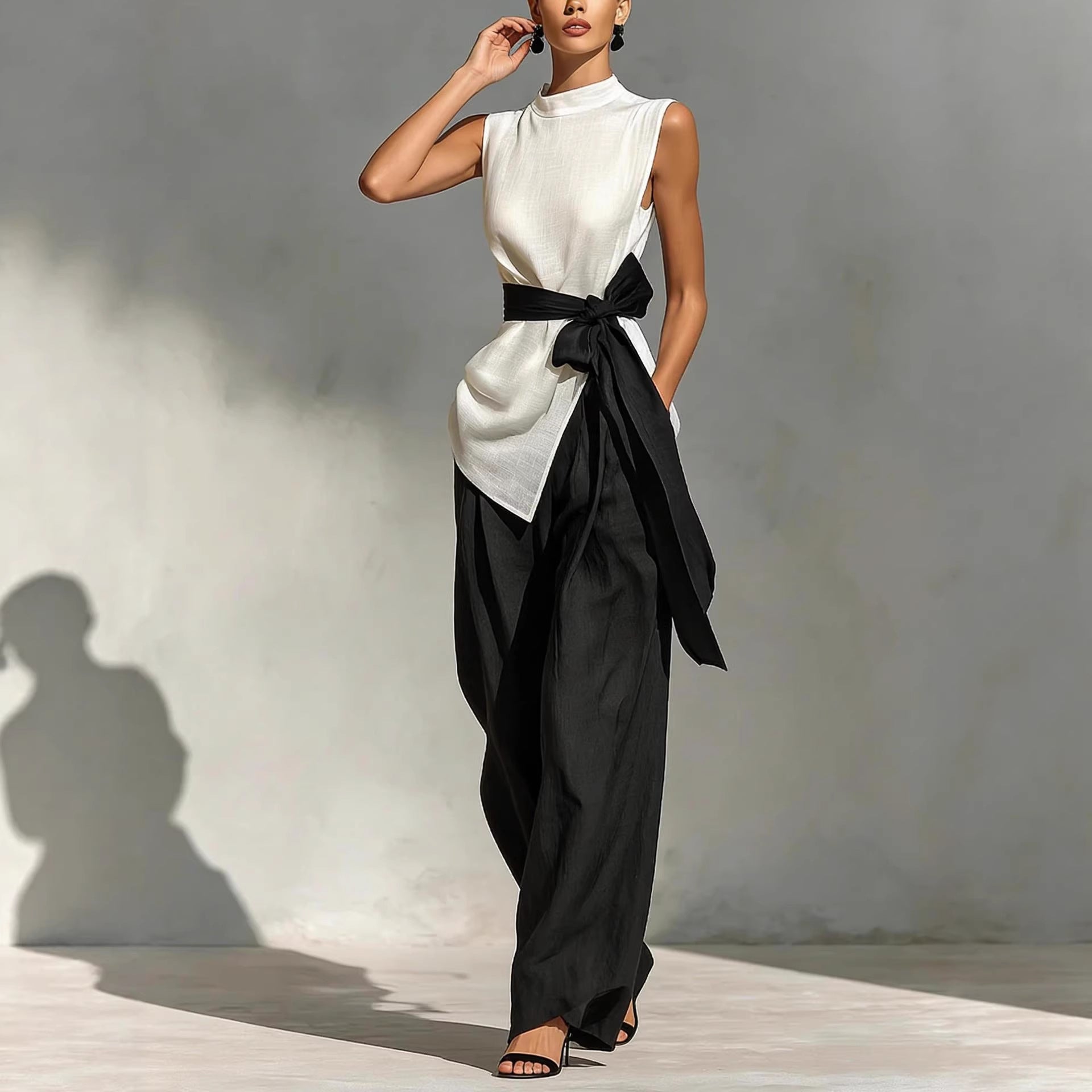 Two piece set of lace up sleeveless top and wide leg pants
