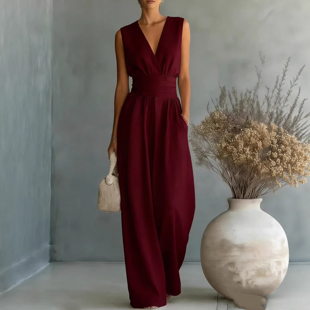 Sleeveless waist cinched V-neck women's jumpsuit