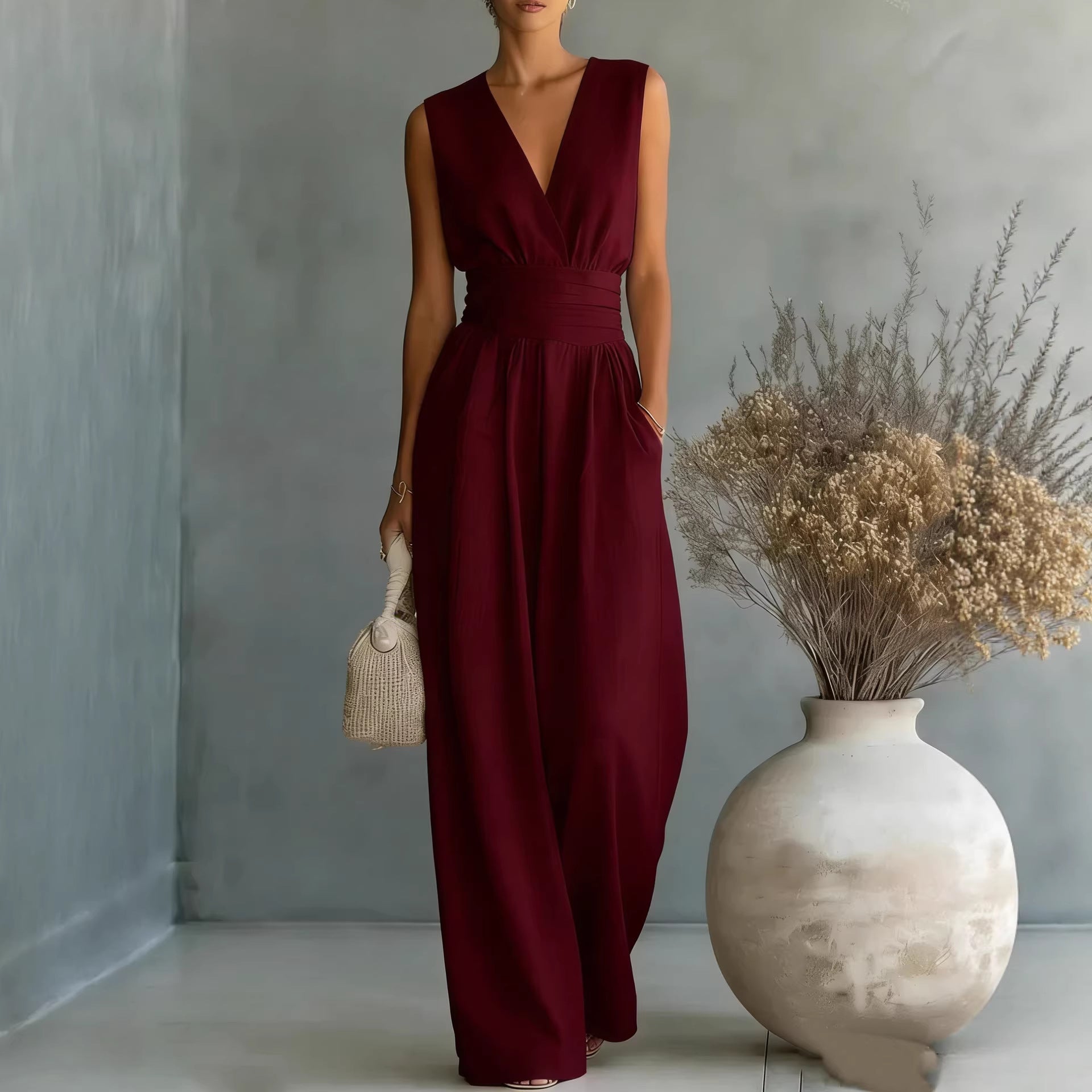 Sleeveless waist cinched V-neck women's jumpsuit