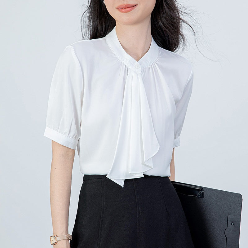 Ribbon Satin Short Sleeve White Blouse for Women, Summer, Office Wear, Formal Top