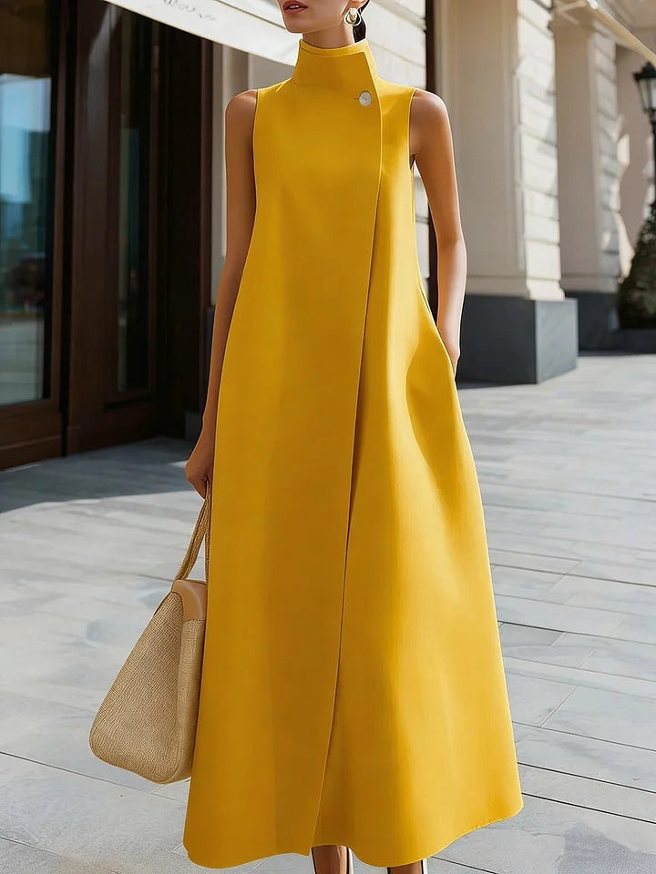 Elegant Sleeveless Long Dress with Stand Collar and Single Button Office Wear, Casual Fashion