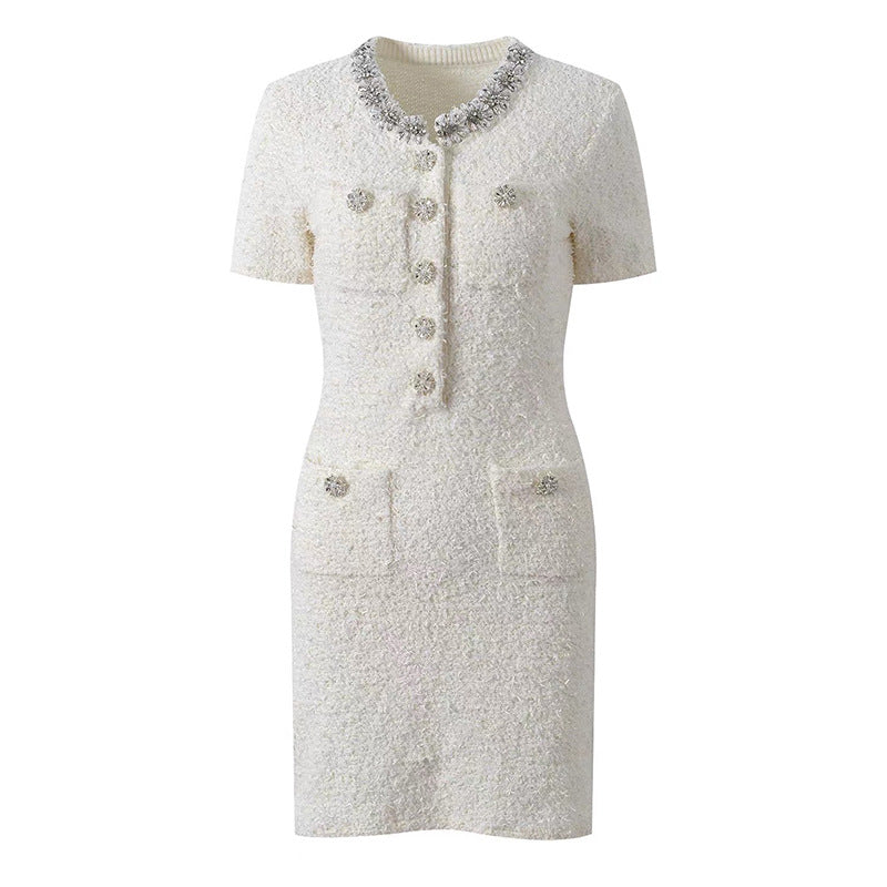 Classic Black and White Chic Knit Dress with Embellished Beading Office Wear StyleCrew Neck, Women's Fashion Dress