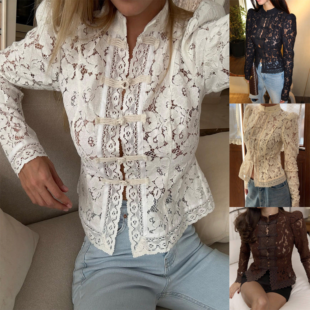 Chic Office Wear Lace Crochet Stand Collar Fitted Design Shirt for Women