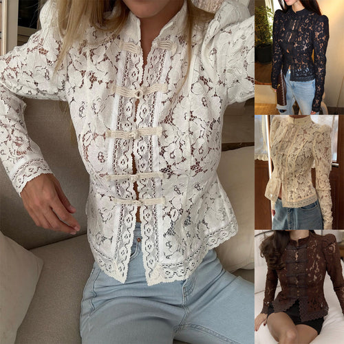 Chic Office Wear Lace Crochet Stand Collar Fitted Design Shirt for Women