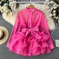 Solid Sheer Spliced Belt Blouses For Women Lapel Long Sleeve Patchwork Single Breasted Blouse Female Fashoin