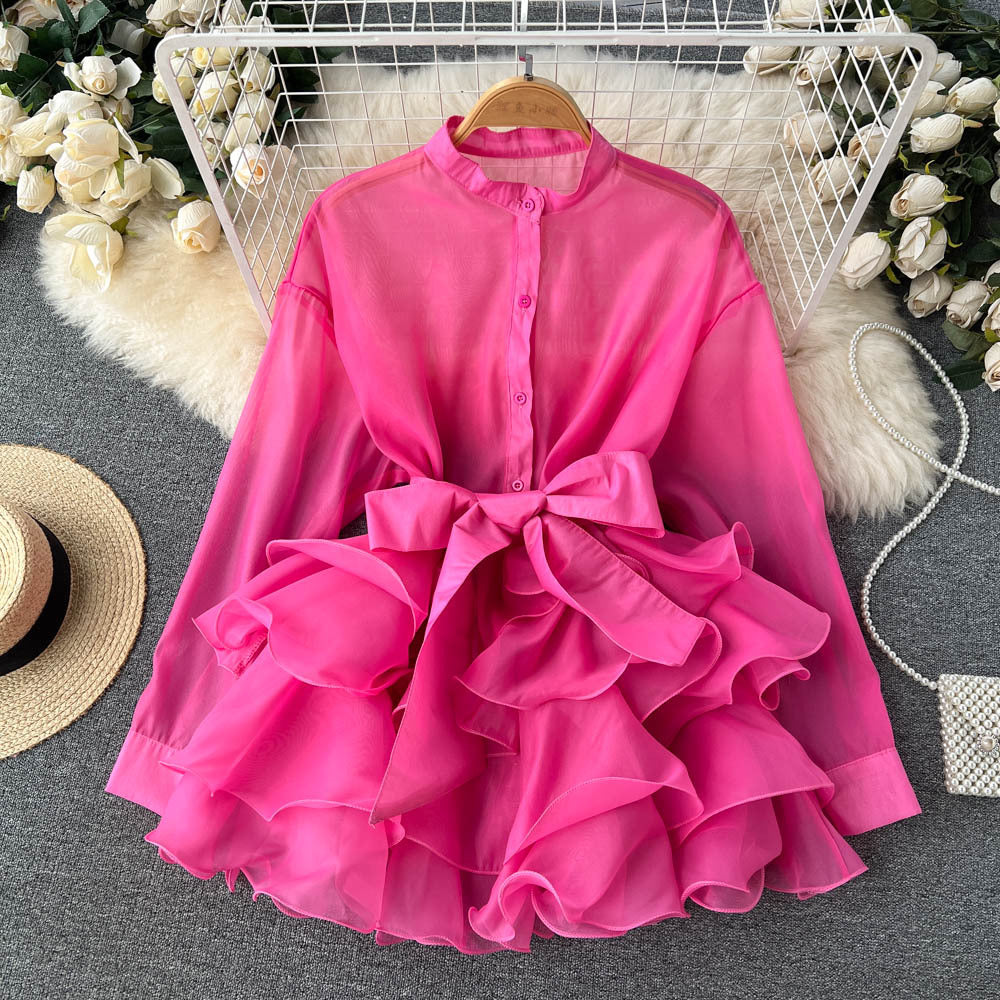 Solid Sheer Spliced Belt Blouses For Women Lapel Long Sleeve Patchwork Single Breasted Blouse Female Fashoin